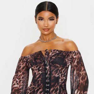 Brown Leopard Print Chiffon Sleeve Hook & Eye Body